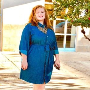 Simply Be Denim Button Down Dress with Waist Tie